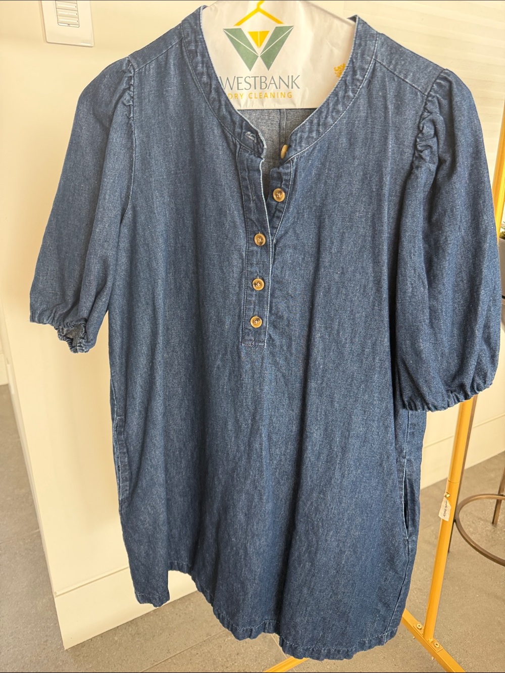 J. Crew Dark Indigo Denim Puff Sleeve Pullover Midi Dress with Button Placket